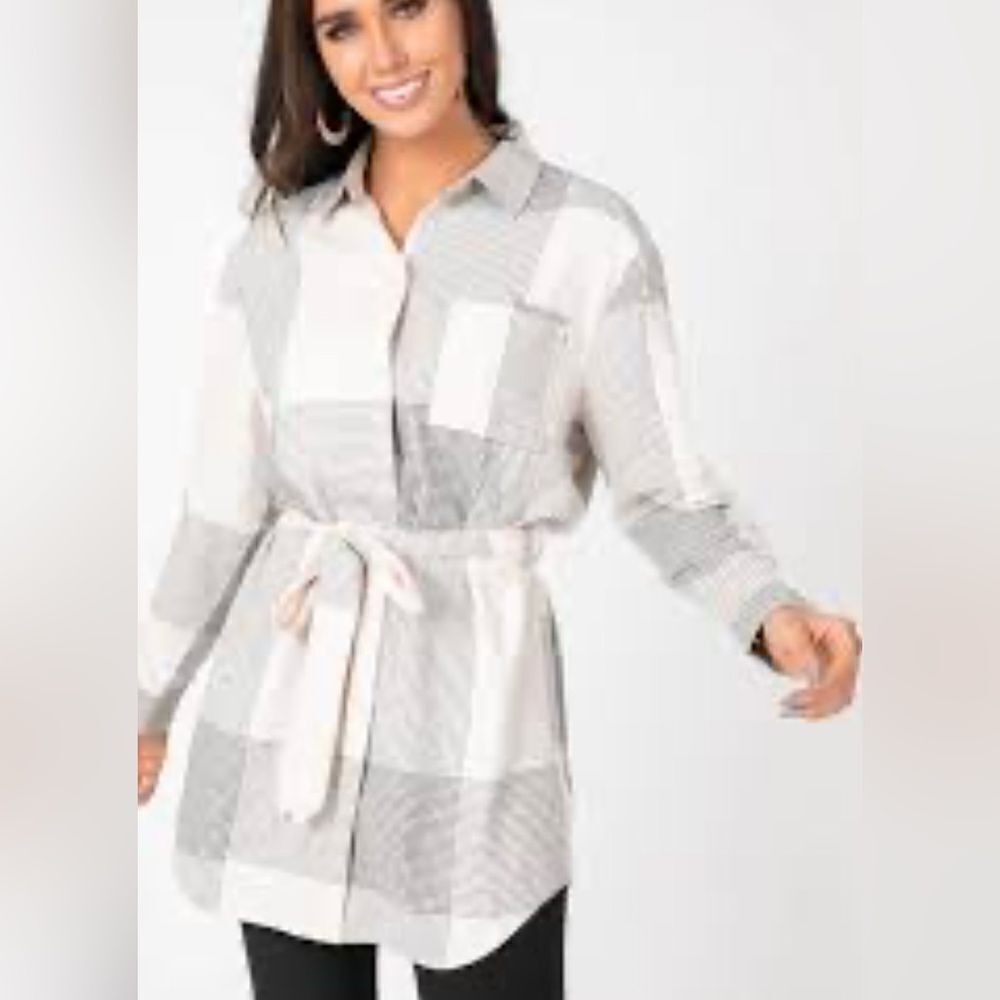 Agnes And Dora Tunic Dress Sz M -S Plaid Full Length Buttons Tie Waist